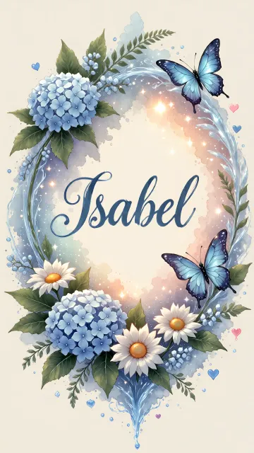 Isabel diseño 4 - Composición magica con nombre en letra cursiva azul, rodeado de hortensias azules, margaritas blancas y delicadas flores silvestres, enmarcado por suaves remolinos de agua, mariposas azules y destellos estelares sobre un fondo etéreo y romántico.