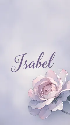 Isabel - Nombre en elegante tipografía cursiva caligráfica en tono lavanda, sobre fondo acuarela de cielo nublado en tonos pastel (azul, blanco, lavanda), decorado con rosa en acuarela de pétalos rosa pálido, blanco crema y lilas suaves con hojas en gris-verde.