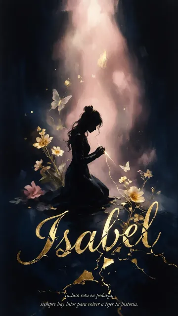 Isabel diseño 6 - Composición de ilustración semirrealista cinematográfica con silueta femenina tejiendo un hilo dorado de luz sobre un suelo oscuro fracturado al estilo Kintsugi, donde el nombre resalta en un prominente guión caligráfico dorado que emerge de las grietas, rodeado de flores blancas, mariposas y un fondo degradado de azules profundos iluminado por una luz celestial en tonos melocotón y crema, con una frase de aliento en tipografía blanca en la parte inferior.