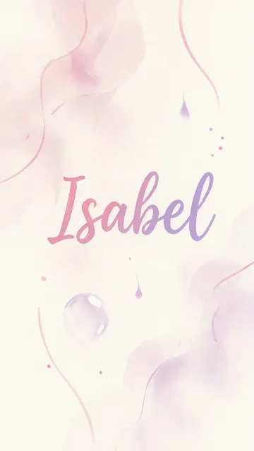 Isabel diseño 7 - Diseño abstracto en acuarela sobre fondo crema, con manchas fluidas y etéreas en rosa pastel y lila, líneas curvas que aportan movimiento, pequeñas gotas salpicadas cayendo verticalmente y una burbuja translúcida en la parte superior izquierda. El nombre resalta al centro con una tipografía cursiva amplia y elegante en degradado rosa a morado.