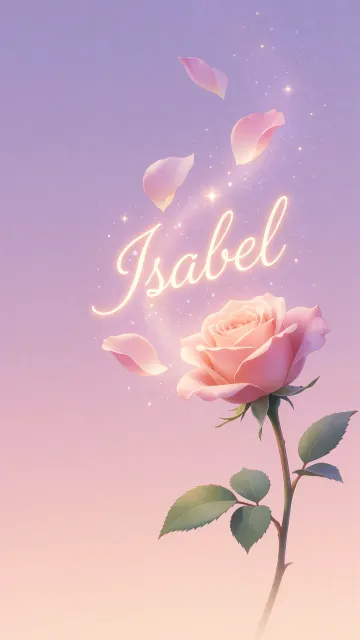 Isabel diseño 8 - Fondo de Pantalla con degradado suave que transiciona de lila en la parte superior a melocotón y rosa pastel en la base, destacando una rosa rosada hiperrealista con tallo y hojas verdes. El nombre brilla en tipografía cursiva con efecto neón cálido, adornado con pétalos cayendo y chispas de luz mágica.