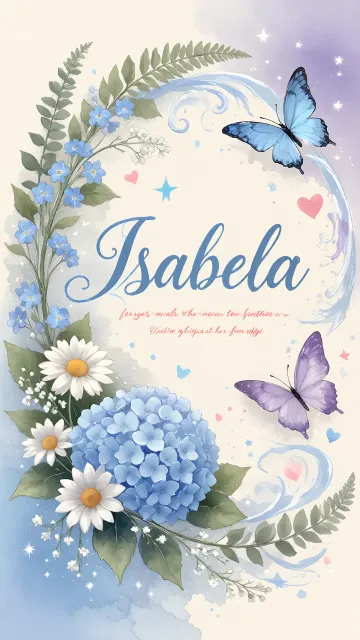 Isabela diseño 1 - Hortensias azules, flores pequeñas y acuarela suave con mariposas azules y brillo etéreo
