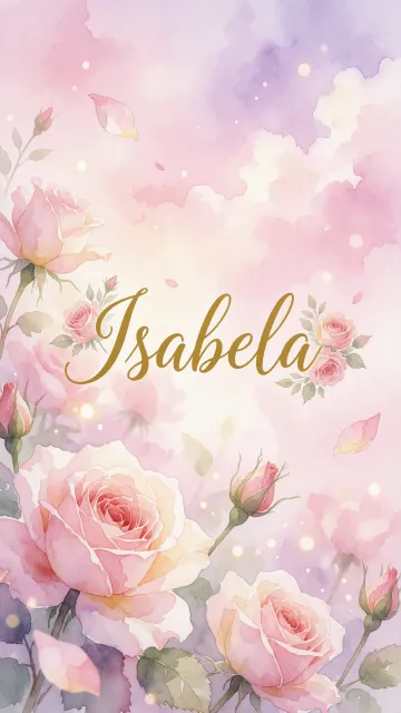 Isabela diseño 10 - Diseño estilo acuarela con un fondo etéreo y texturizado en nubes de tonos rosa pastel y lila suave. Presenta composiciones de rosas abiertas y capullos en los bordes inferior y superior, con pétalos cayendo delicadamente. Incorpora destellos de luz cálida (efecto bokeh) y, en el centro, resalta una tipografía elegante, cursiva y fluida en color dorado.