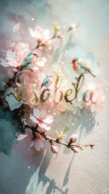 Isabela diseño 11 - Un delicado diseño de estilo acuarela digital que combina una tipografía de caligrafía personalizada para el nombre en tonos dorados y rosados suaves, adornada con pequeñas hojas y brotes. Un pajarito azul y naranja vibrante está posado en una de las letras. Todo está rodeado por un marco circular de ramas de cerezo en flor con delicadas flores rosadas y blancas. El fondo es un lavado de acuarela difuminado en tonos pastel suaves de azul cerceta, rosa rubor y melocotón sobre una textura de papel rugoso, con destellos luminosos y motas de luz bokeh flotando alrededor, creando una atmósfera mágica y soñadora. Las sombras suaves proyectadas añaden profundidad.