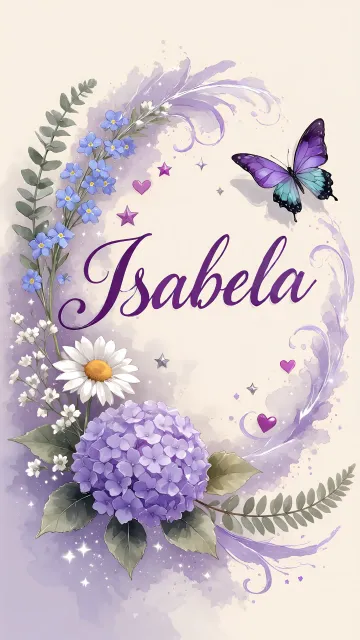 Isabela diseño 2 - Diseño elegante de hortensias en tonos lila y morados suaves, con volutas estilizadas y una mariposa mística que aporta un toque etéreo y mágico.