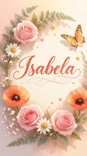Isabela diseño 3 - Elegante composición de rosas rosadas y amapolas naranjas con mariposas doradas brillantes sobre un fondo cálido, romántico y mágico.