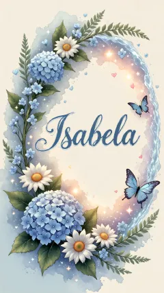 Isabela - Composición magica con nombre en letra cursiva azul, rodeado de hortensias azules, margaritas blancas y delicadas flores silvestres, enmarcado por suaves remolinos de agua, mariposas azules y destellos estelares sobre un fondo etéreo y romántico.