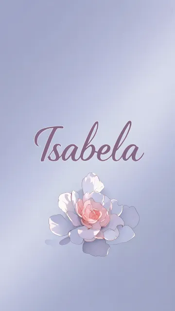 Isabela diseño 5 - Nombre en elegante tipografía cursiva caligráfica en tono lavanda, sobre fondo acuarela de cielo nublado en tonos pastel (azul, blanco, lavanda), decorado con rosa en acuarela de pétalos rosa pálido, blanco crema y lilas suaves con hojas en gris-verde.