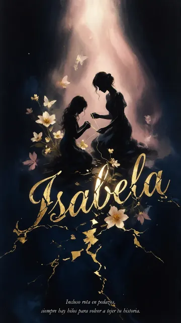 Isabela diseño 6 - Composición de ilustración semirrealista cinematográfica con silueta femenina tejiendo un hilo dorado de luz sobre un suelo oscuro fracturado al estilo Kintsugi, donde el nombre resalta en un prominente guión caligráfico dorado que emerge de las grietas, rodeado de flores blancas, mariposas y un fondo degradado de azules profundos iluminado por una luz celestial en tonos melocotón y crema, con una frase de aliento en tipografía blanca en la parte inferior.
