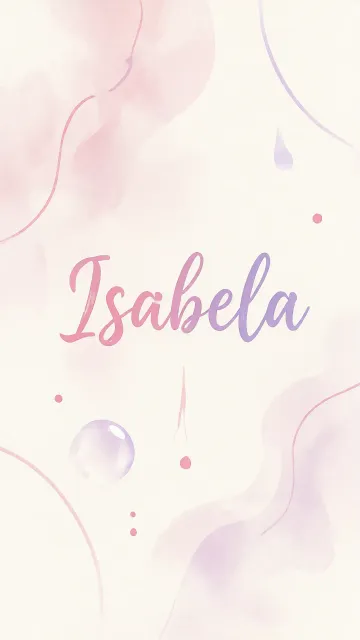 Isabela diseño 7 - Diseño abstracto en acuarela sobre fondo crema, con manchas fluidas y etéreas en rosa pastel y lila, líneas curvas que aportan movimiento, pequeñas gotas salpicadas cayendo verticalmente y una burbuja translúcida en la parte superior izquierda. El nombre resalta al centro con una tipografía cursiva amplia y elegante en degradado rosa a morado.