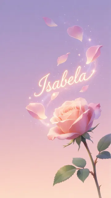 Isabela diseño 8 - Fondo de Pantalla con degradado suave que transiciona de lila en la parte superior a melocotón y rosa pastel en la base, destacando una rosa rosada hiperrealista con tallo y hojas verdes. El nombre brilla en tipografía cursiva con efecto neón cálido, adornado con pétalos cayendo y chispas de luz mágica.