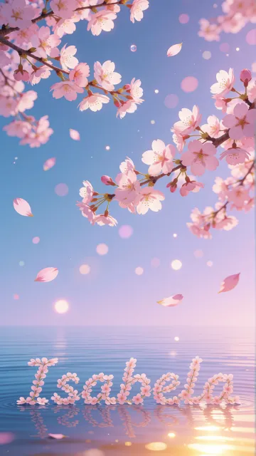 Isabela diseño 9 - Composición serena y onírica con ramas de cerezo en flor (sakura) en la parte superior contra un cielo en degradado de azul suave y lila. Pétalos de color rosa pastel flotan delicadamente en el aire cayendo hacia una superficie de agua tranquila y cristalina. En el centro inferior, el nombre está formado por pétalos de flores con un sutil efecto de relieve 3D y tipografía floral, reflejándose sobre el agua que está iluminada por un cálido destello dorado de luz solar en la esquina inferior derecha.