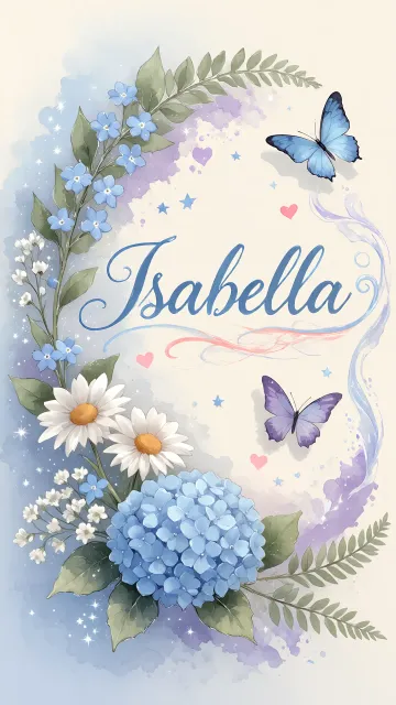 Isabella diseño 1 - Hortensias azules, flores pequeñas y acuarela suave con mariposas azules y brillo etéreo