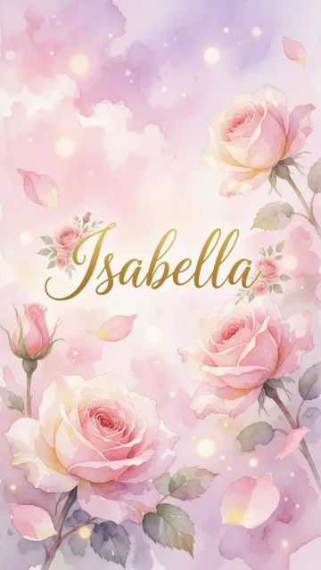Isabella diseño 10 - Diseño estilo acuarela con un fondo etéreo y texturizado en nubes de tonos rosa pastel y lila suave. Presenta composiciones de rosas abiertas y capullos en los bordes inferior y superior, con pétalos cayendo delicadamente. Incorpora destellos de luz cálida (efecto bokeh) y, en el centro, resalta una tipografía elegante, cursiva y fluida en color dorado.