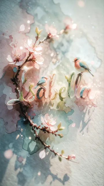 Isabella diseño 11 - Un delicado diseño de estilo acuarela digital que combina una tipografía de caligrafía personalizada para el nombre en tonos dorados y rosados suaves, adornada con pequeñas hojas y brotes. Un pajarito azul y naranja vibrante está posado en una de las letras. Todo está rodeado por un marco circular de ramas de cerezo en flor con delicadas flores rosadas y blancas. El fondo es un lavado de acuarela difuminado en tonos pastel suaves de azul cerceta, rosa rubor y melocotón sobre una textura de papel rugoso, con destellos luminosos y motas de luz bokeh flotando alrededor, creando una atmósfera mágica y soñadora. Las sombras suaves proyectadas añaden profundidad.