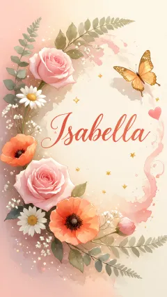 Isabella - Elegante composición de rosas rosadas y amapolas naranjas con mariposas doradas brillantes sobre un fondo cálido, romántico y mágico.