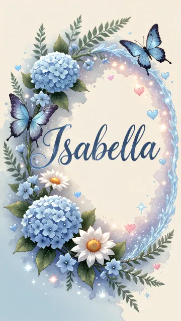 Isabella diseño 4 - Composición magica con nombre en letra cursiva azul, rodeado de hortensias azules, margaritas blancas y delicadas flores silvestres, enmarcado por suaves remolinos de agua, mariposas azules y destellos estelares sobre un fondo etéreo y romántico.