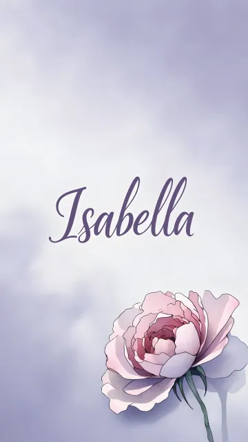 Isabella diseño 5 - Nombre en elegante tipografía cursiva caligráfica en tono lavanda, sobre fondo acuarela de cielo nublado en tonos pastel (azul, blanco, lavanda), decorado con rosa en acuarela de pétalos rosa pálido, blanco crema y lilas suaves con hojas en gris-verde.
