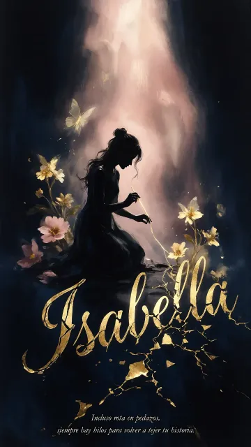 Isabella diseño 6 - Composición de ilustración semirrealista cinematográfica con silueta femenina tejiendo un hilo dorado de luz sobre un suelo oscuro fracturado al estilo Kintsugi, donde el nombre resalta en un prominente guión caligráfico dorado que emerge de las grietas, rodeado de flores blancas, mariposas y un fondo degradado de azules profundos iluminado por una luz celestial en tonos melocotón y crema, con una frase de aliento en tipografía blanca en la parte inferior.
