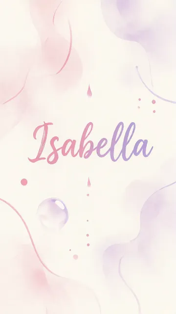 Isabella diseño 7 - Diseño abstracto en acuarela sobre fondo crema, con manchas fluidas y etéreas en rosa pastel y lila, líneas curvas que aportan movimiento, pequeñas gotas salpicadas cayendo verticalmente y una burbuja translúcida en la parte superior izquierda. El nombre resalta al centro con una tipografía cursiva amplia y elegante en degradado rosa a morado.