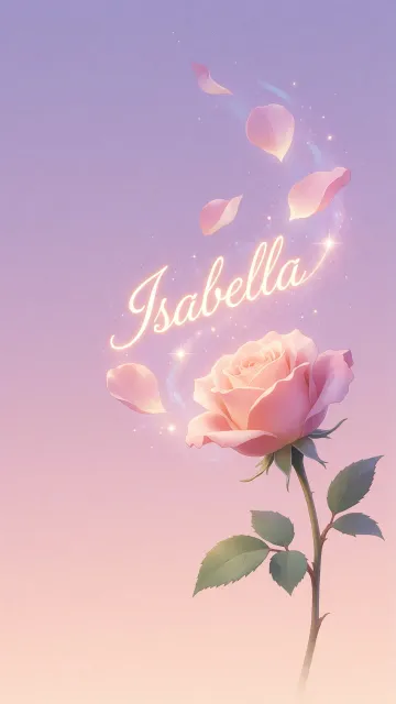 Isabella diseño 8 - Fondo de Pantalla con degradado suave que transiciona de lila en la parte superior a melocotón y rosa pastel en la base, destacando una rosa rosada hiperrealista con tallo y hojas verdes. El nombre brilla en tipografía cursiva con efecto neón cálido, adornado con pétalos cayendo y chispas de luz mágica.