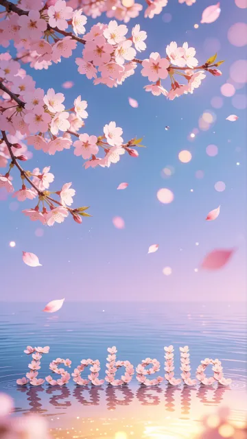 Isabella diseño 9 - Composición serena y onírica con ramas de cerezo en flor (sakura) en la parte superior contra un cielo en degradado de azul suave y lila. Pétalos de color rosa pastel flotan delicadamente en el aire cayendo hacia una superficie de agua tranquila y cristalina. En el centro inferior, el nombre está formado por pétalos de flores con un sutil efecto de relieve 3D y tipografía floral, reflejándose sobre el agua que está iluminada por un cálido destello dorado de luz solar en la esquina inferior derecha.