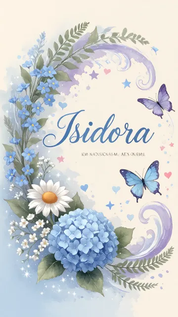 Isidora diseño 1 - Hortensias azules, flores pequeñas y acuarela suave con mariposas azules y brillo etéreo