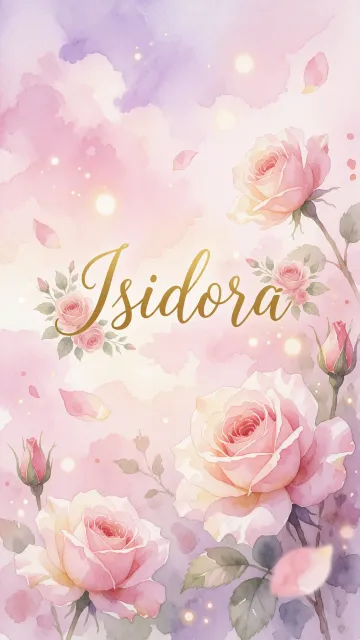 Isidora diseño 10 - Diseño estilo acuarela con un fondo etéreo y texturizado en nubes de tonos rosa pastel y lila suave. Presenta composiciones de rosas abiertas y capullos en los bordes inferior y superior, con pétalos cayendo delicadamente. Incorpora destellos de luz cálida (efecto bokeh) y, en el centro, resalta una tipografía elegante, cursiva y fluida en color dorado.