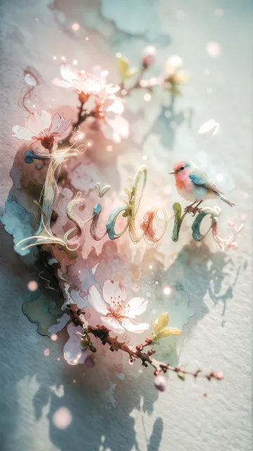 Isidora diseño 11 - Un delicado diseño de estilo acuarela digital que combina una tipografía de caligrafía personalizada para el nombre en tonos dorados y rosados suaves, adornada con pequeñas hojas y brotes. Un pajarito azul y naranja vibrante está posado en una de las letras. Todo está rodeado por un marco circular de ramas de cerezo en flor con delicadas flores rosadas y blancas. El fondo es un lavado de acuarela difuminado en tonos pastel suaves de azul cerceta, rosa rubor y melocotón sobre una textura de papel rugoso, con destellos luminosos y motas de luz bokeh flotando alrededor, creando una atmósfera mágica y soñadora. Las sombras suaves proyectadas añaden profundidad.