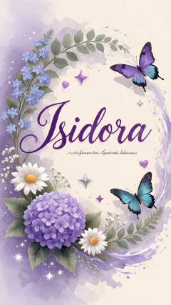 Isidora - Diseño elegante de hortensias en tonos lila y morados suaves, con volutas estilizadas y una mariposa mística que aporta un toque etéreo y mágico.