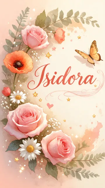 Isidora diseño 3 - Elegante composición de rosas rosadas y amapolas naranjas con mariposas doradas brillantes sobre un fondo cálido, romántico y mágico.