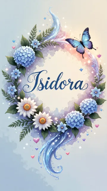 Isidora diseño 4 - Composición magica con nombre en letra cursiva azul, rodeado de hortensias azules, margaritas blancas y delicadas flores silvestres, enmarcado por suaves remolinos de agua, mariposas azules y destellos estelares sobre un fondo etéreo y romántico.