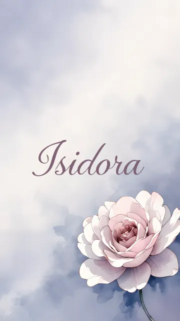 Isidora diseño 5 - Nombre en elegante tipografía cursiva caligráfica en tono lavanda, sobre fondo acuarela de cielo nublado en tonos pastel (azul, blanco, lavanda), decorado con rosa en acuarela de pétalos rosa pálido, blanco crema y lilas suaves con hojas en gris-verde.