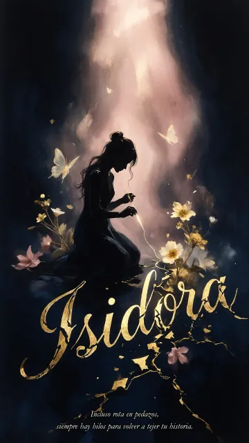 Isidora diseño 6 - Composición de ilustración semirrealista cinematográfica con silueta femenina tejiendo un hilo dorado de luz sobre un suelo oscuro fracturado al estilo Kintsugi, donde el nombre resalta en un prominente guión caligráfico dorado que emerge de las grietas, rodeado de flores blancas, mariposas y un fondo degradado de azules profundos iluminado por una luz celestial en tonos melocotón y crema, con una frase de aliento en tipografía blanca en la parte inferior.
