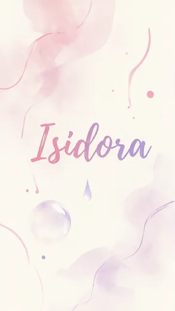 Isidora diseño 7 - Diseño abstracto en acuarela sobre fondo crema, con manchas fluidas y etéreas en rosa pastel y lila, líneas curvas que aportan movimiento, pequeñas gotas salpicadas cayendo verticalmente y una burbuja translúcida en la parte superior izquierda. El nombre resalta al centro con una tipografía cursiva amplia y elegante en degradado rosa a morado.