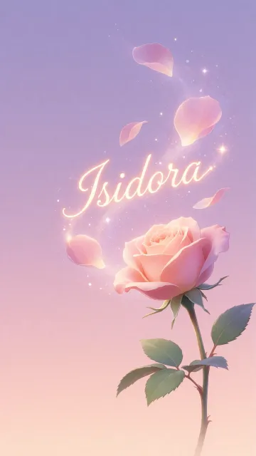 Isidora diseño 8 - Fondo de Pantalla con degradado suave que transiciona de lila en la parte superior a melocotón y rosa pastel en la base, destacando una rosa rosada hiperrealista con tallo y hojas verdes. El nombre brilla en tipografía cursiva con efecto neón cálido, adornado con pétalos cayendo y chispas de luz mágica.