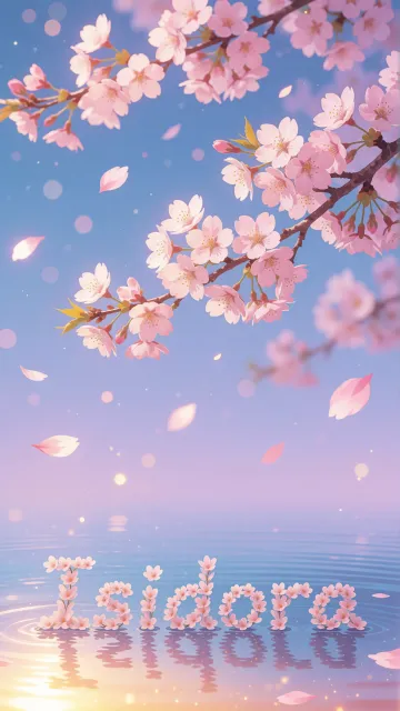 Isidora diseño 9 - Composición serena y onírica con ramas de cerezo en flor (sakura) en la parte superior contra un cielo en degradado de azul suave y lila. Pétalos de color rosa pastel flotan delicadamente en el aire cayendo hacia una superficie de agua tranquila y cristalina. En el centro inferior, el nombre está formado por pétalos de flores con un sutil efecto de relieve 3D y tipografía floral, reflejándose sobre el agua que está iluminada por un cálido destello dorado de luz solar en la esquina inferior derecha.