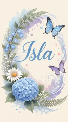 Isla - Hortensias azules, flores pequeñas y acuarela suave con mariposas azules y brillo etéreo