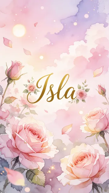 Isla diseño 10 - Diseño estilo acuarela con un fondo etéreo y texturizado en nubes de tonos rosa pastel y lila suave. Presenta composiciones de rosas abiertas y capullos en los bordes inferior y superior, con pétalos cayendo delicadamente. Incorpora destellos de luz cálida (efecto bokeh) y, en el centro, resalta una tipografía elegante, cursiva y fluida en color dorado.