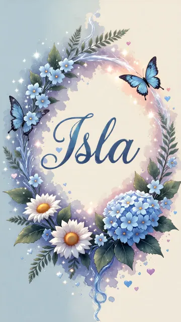 Isla diseño 4 - Composición magica con nombre en letra cursiva azul, rodeado de hortensias azules, margaritas blancas y delicadas flores silvestres, enmarcado por suaves remolinos de agua, mariposas azules y destellos estelares sobre un fondo etéreo y romántico.