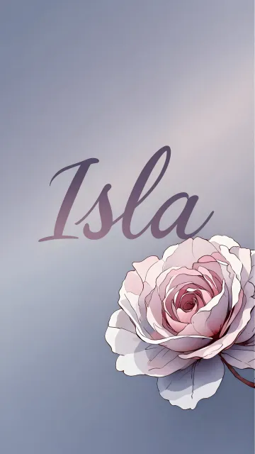 Isla diseño 5 - Nombre en elegante tipografía cursiva caligráfica en tono lavanda, sobre fondo acuarela de cielo nublado en tonos pastel (azul, blanco, lavanda), decorado con rosa en acuarela de pétalos rosa pálido, blanco crema y lilas suaves con hojas en gris-verde.