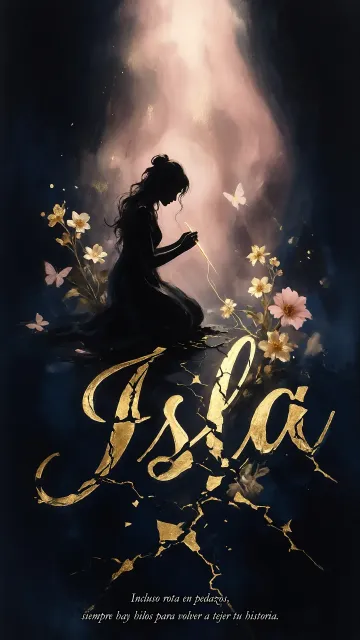 Isla diseño 6 - Composición de ilustración semirrealista cinematográfica con silueta femenina tejiendo un hilo dorado de luz sobre un suelo oscuro fracturado al estilo Kintsugi, donde el nombre resalta en un prominente guión caligráfico dorado que emerge de las grietas, rodeado de flores blancas, mariposas y un fondo degradado de azules profundos iluminado por una luz celestial en tonos melocotón y crema, con una frase de aliento en tipografía blanca en la parte inferior.