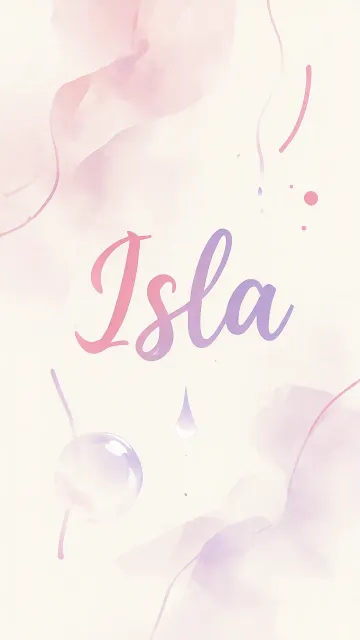 Isla diseño 7 - Diseño abstracto en acuarela sobre fondo crema, con manchas fluidas y etéreas en rosa pastel y lila, líneas curvas que aportan movimiento, pequeñas gotas salpicadas cayendo verticalmente y una burbuja translúcida en la parte superior izquierda. El nombre resalta al centro con una tipografía cursiva amplia y elegante en degradado rosa a morado.