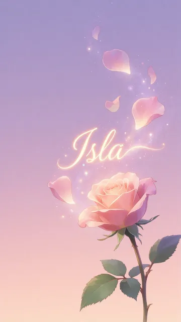 Isla diseño 8 - Fondo de Pantalla con degradado suave que transiciona de lila en la parte superior a melocotón y rosa pastel en la base, destacando una rosa rosada hiperrealista con tallo y hojas verdes. El nombre brilla en tipografía cursiva con efecto neón cálido, adornado con pétalos cayendo y chispas de luz mágica.