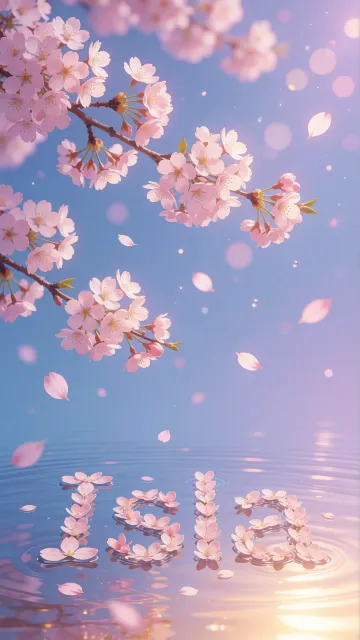Isla diseño 9 - Composición serena y onírica con ramas de cerezo en flor (sakura) en la parte superior contra un cielo en degradado de azul suave y lila. Pétalos de color rosa pastel flotan delicadamente en el aire cayendo hacia una superficie de agua tranquila y cristalina. En el centro inferior, el nombre está formado por pétalos de flores con un sutil efecto de relieve 3D y tipografía floral, reflejándose sobre el agua que está iluminada por un cálido destello dorado de luz solar en la esquina inferior derecha.