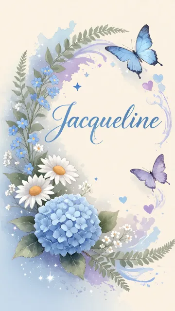 Jacqueline diseño 1 - Hortensias azules, flores pequeñas y acuarela suave con mariposas azules y brillo etéreo