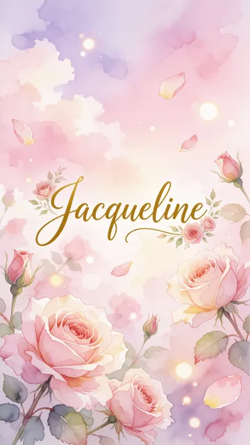 Jacqueline diseño 10 - Diseño estilo acuarela con un fondo etéreo y texturizado en nubes de tonos rosa pastel y lila suave. Presenta composiciones de rosas abiertas y capullos en los bordes inferior y superior, con pétalos cayendo delicadamente. Incorpora destellos de luz cálida (efecto bokeh) y, en el centro, resalta una tipografía elegante, cursiva y fluida en color dorado.