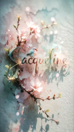Jacqueline - Un delicado diseño de estilo acuarela digital que combina una tipografía de caligrafía personalizada para el nombre en tonos dorados y rosados suaves, adornada con pequeñas hojas y brotes. Un pajarito azul y naranja vibrante está posado en una de las letras. Todo está rodeado por un marco circular de ramas de cerezo en flor con delicadas flores rosadas y blancas. El fondo es un lavado de acuarela difuminado en tonos pastel suaves de azul cerceta, rosa rubor y melocotón sobre una textura de papel rugoso, con destellos luminosos y motas de luz bokeh flotando alrededor, creando una atmósfera mágica y soñadora. Las sombras suaves proyectadas añaden profundidad.