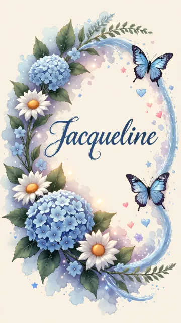 Jacqueline diseño 4 - Composición magica con nombre en letra cursiva azul, rodeado de hortensias azules, margaritas blancas y delicadas flores silvestres, enmarcado por suaves remolinos de agua, mariposas azules y destellos estelares sobre un fondo etéreo y romántico.