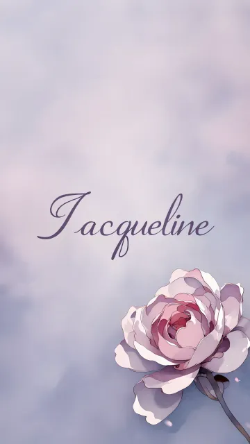 Jacqueline diseño 5 - Nombre en elegante tipografía cursiva caligráfica en tono lavanda, sobre fondo acuarela de cielo nublado en tonos pastel (azul, blanco, lavanda), decorado con rosa en acuarela de pétalos rosa pálido, blanco crema y lilas suaves con hojas en gris-verde.